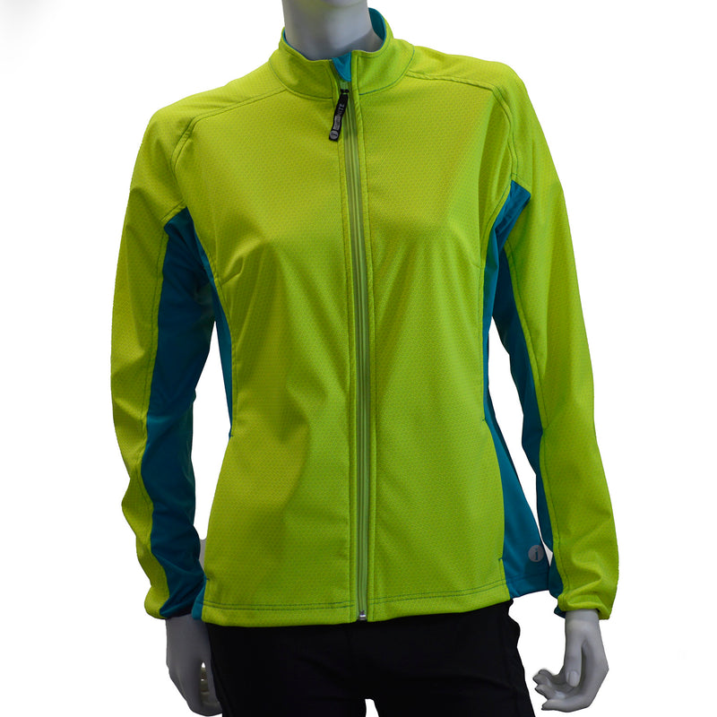 Dover Women's Softshell Reflective Running Jacket in Flo Lime/Peacock