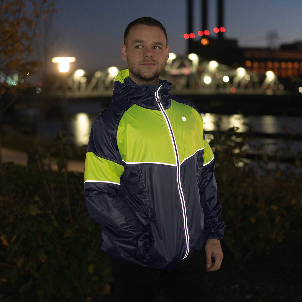 Final Sale Packable, Hooded Men's Reflective Jacket in Navy / Flo Lime