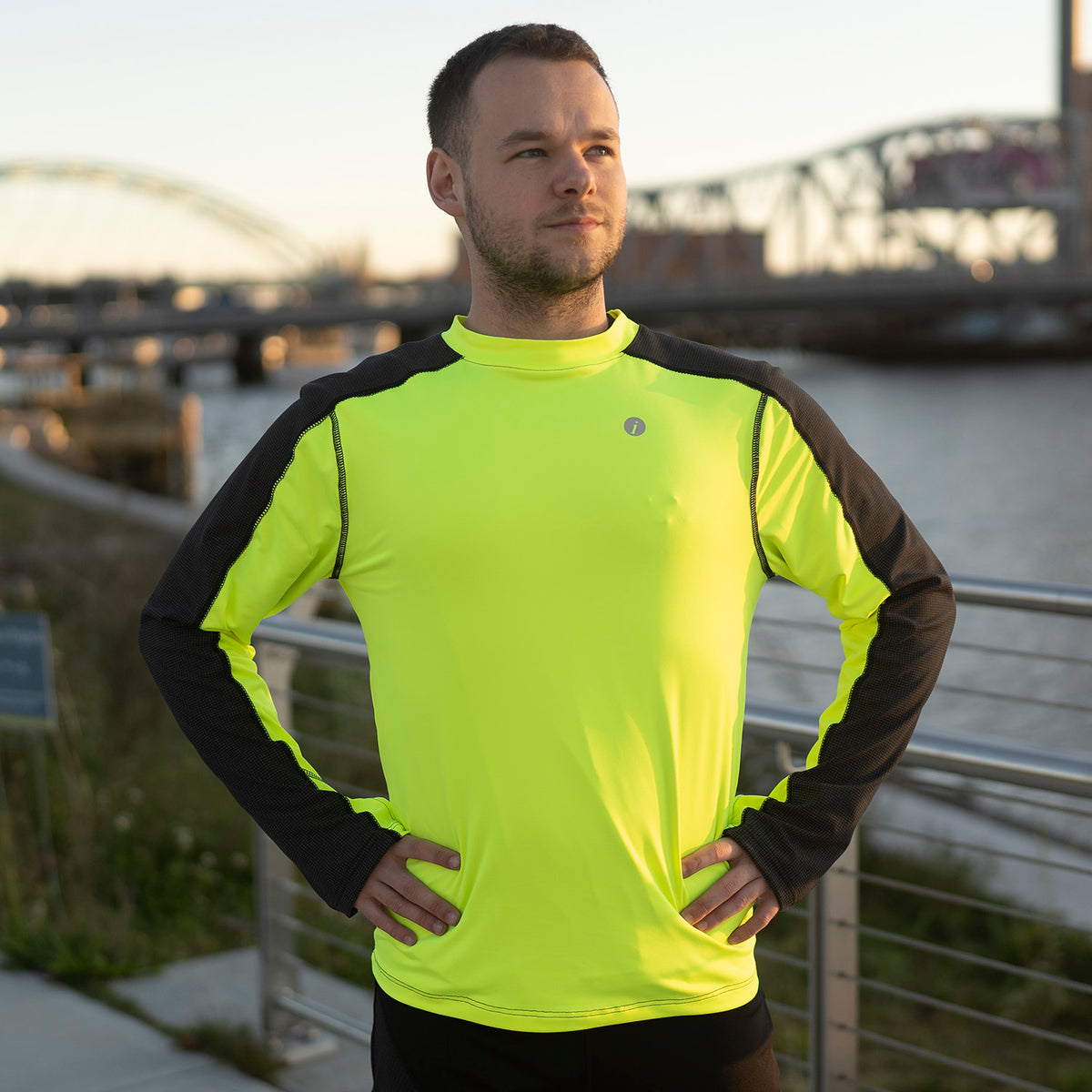 Long Sleeve Reflective Men's Warm Up Tee in Flo Lime/Black