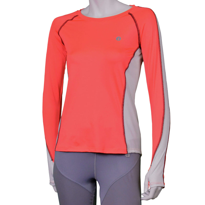 Long Sleeve Reflective Women's Piper Tee in Coral Glo/White