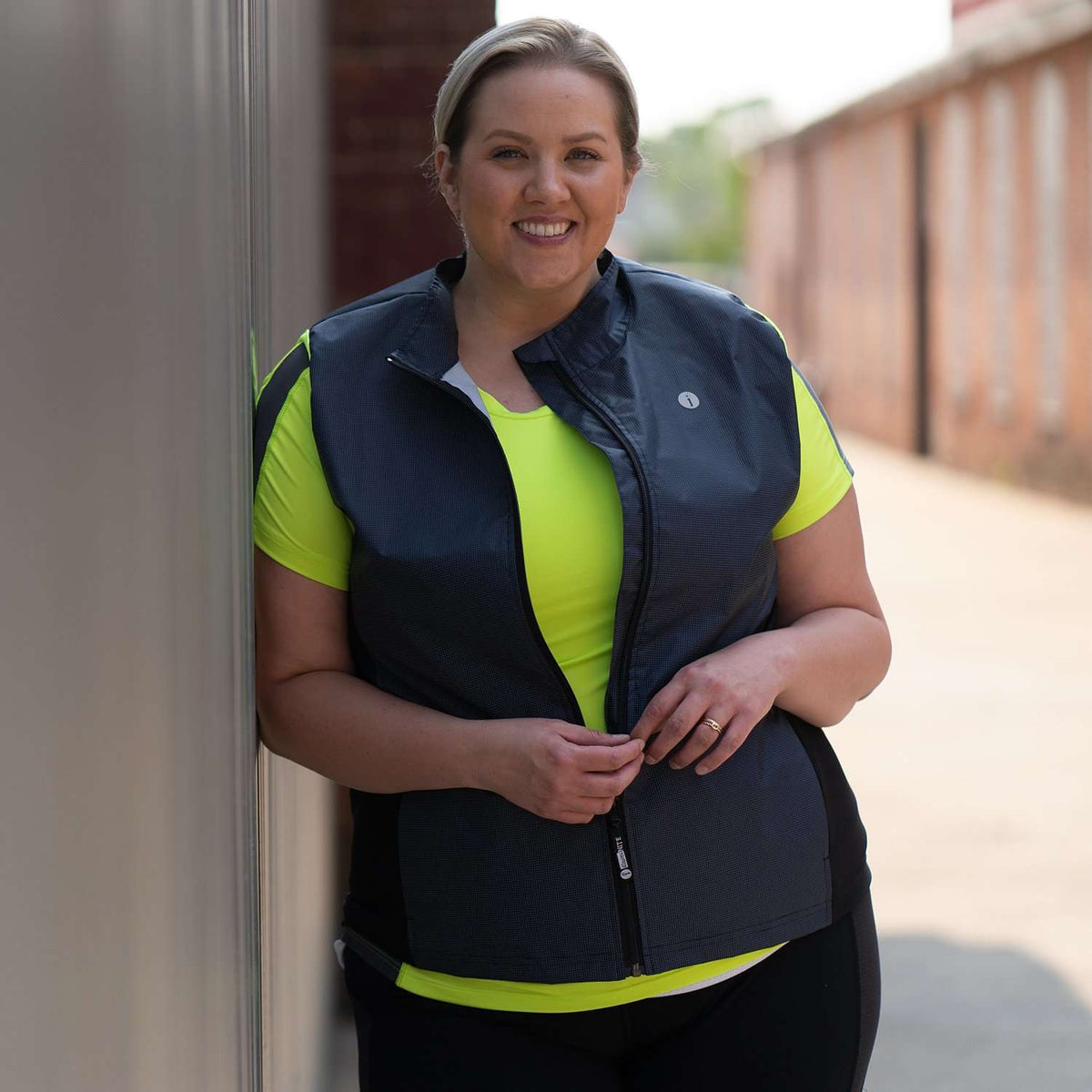 Women's Newport Packable Reflective Vest in Navy/Flo Lime